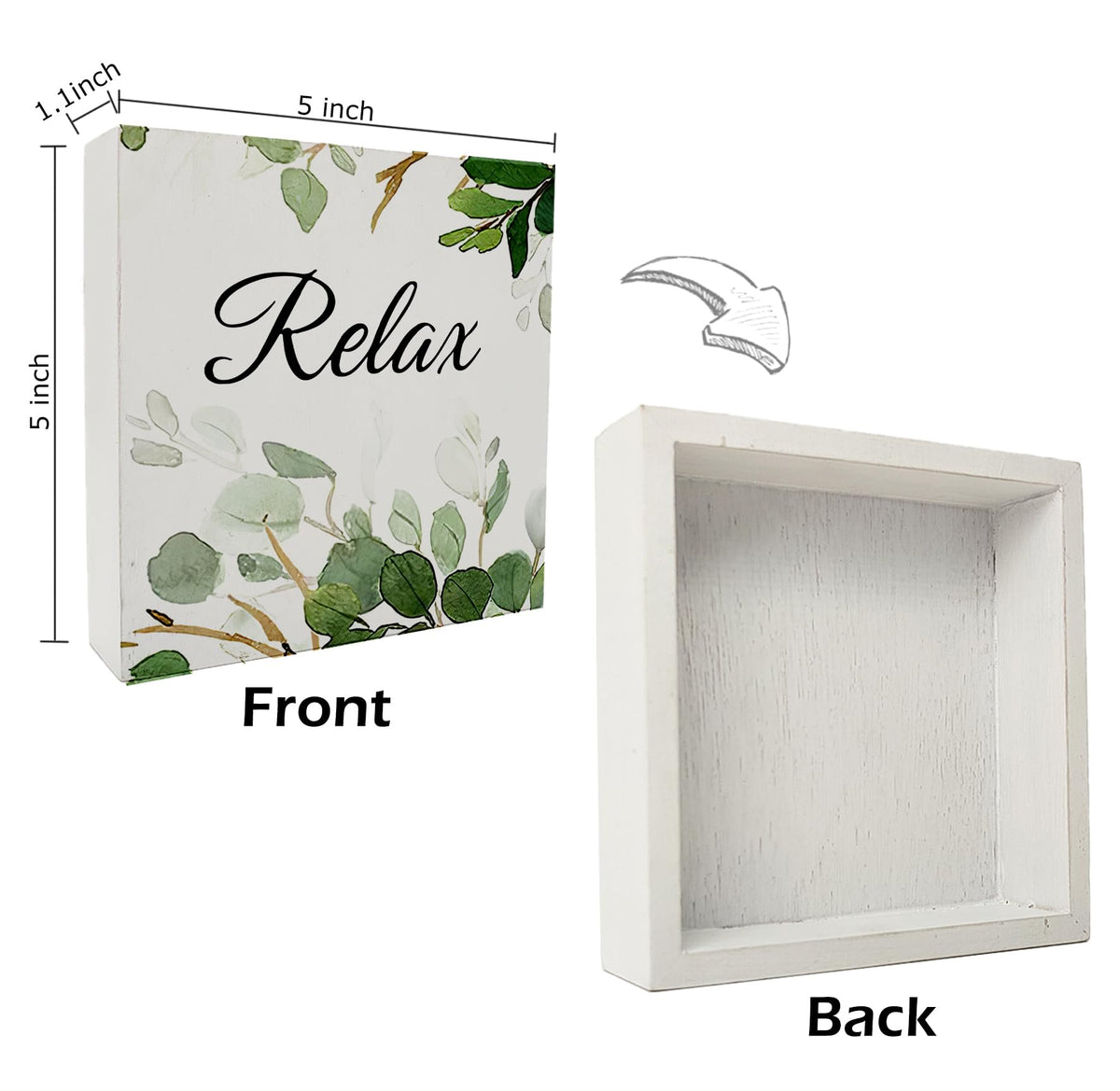Kunlisa Relax Sage Green Wooden Box Sign, 5x5x1.18 inches, Modern Classic, Flower Theme, Tabletop, Decorative Sign for Bathroom, Workspace