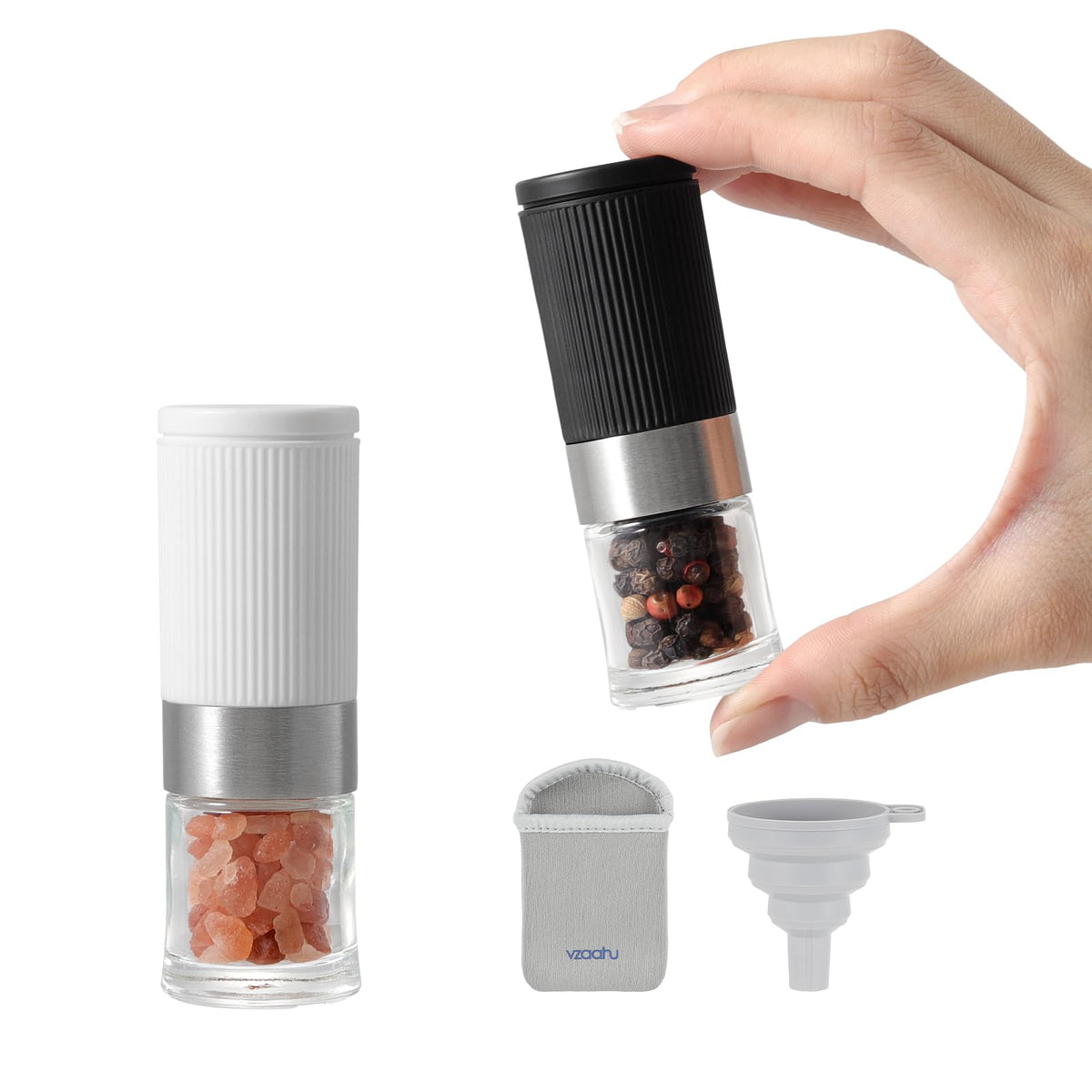 vzaahu Mini Salt and Pepper Grinder Set Black and White with Bag and Funnel, Small Travel Portable Spice Tools, Adjustable Coarseness, Refillable, Ceramic Burrs Seasoning Mills for Cooking, BBQ, RV