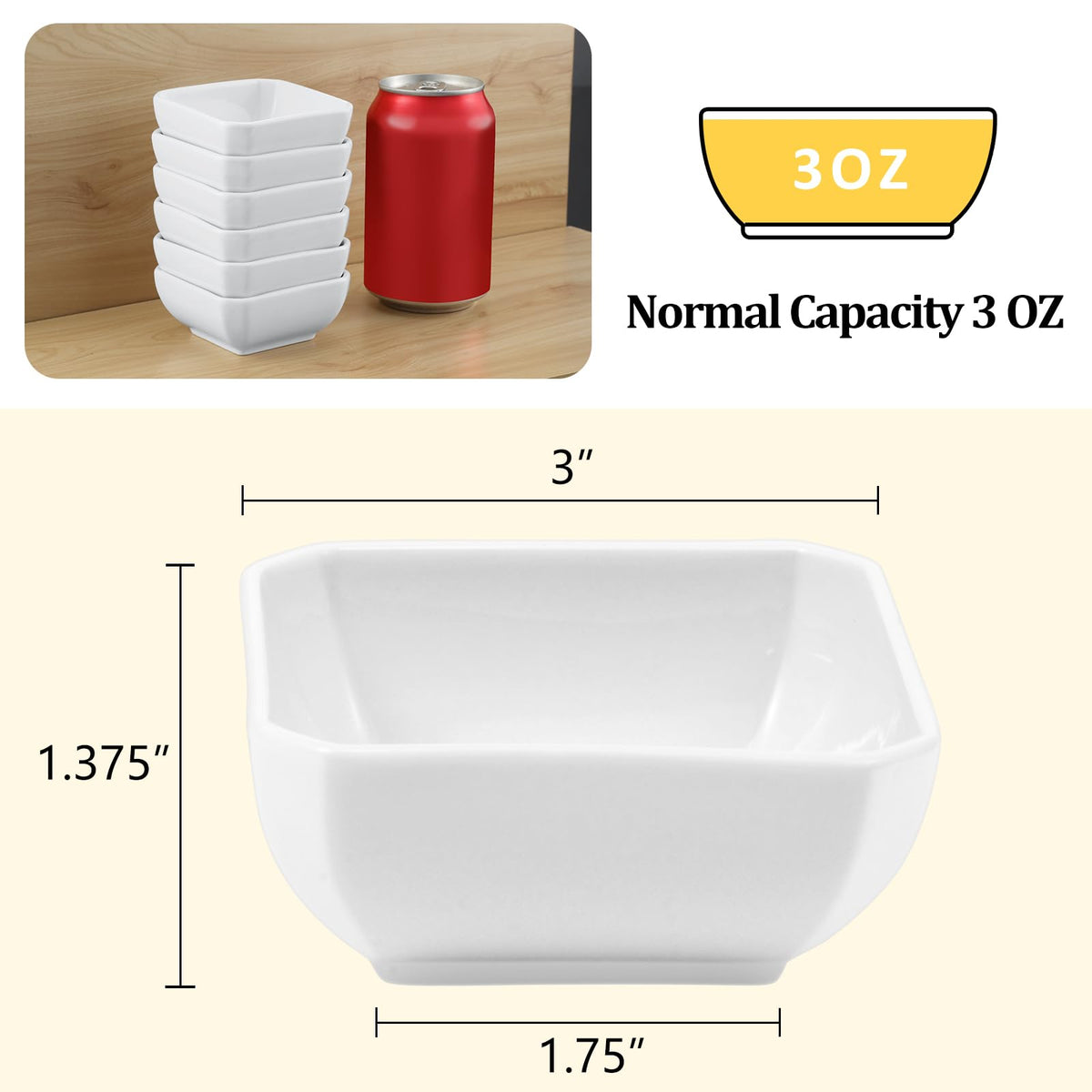 Yedio 3 Oz Square Dip Bowls Set of 6, White Ceramic Dipping Sauce Dishes, Mini Condiment Bowls for Soy Sauce, Sushi, BBQ, Ketchup, Vinegar, Party & Daily Use