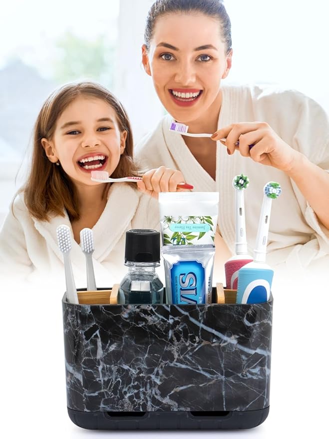 Marble Toothbrush Holders, 5 Slots Bamboo Toothbrush and Toothpaste Holder