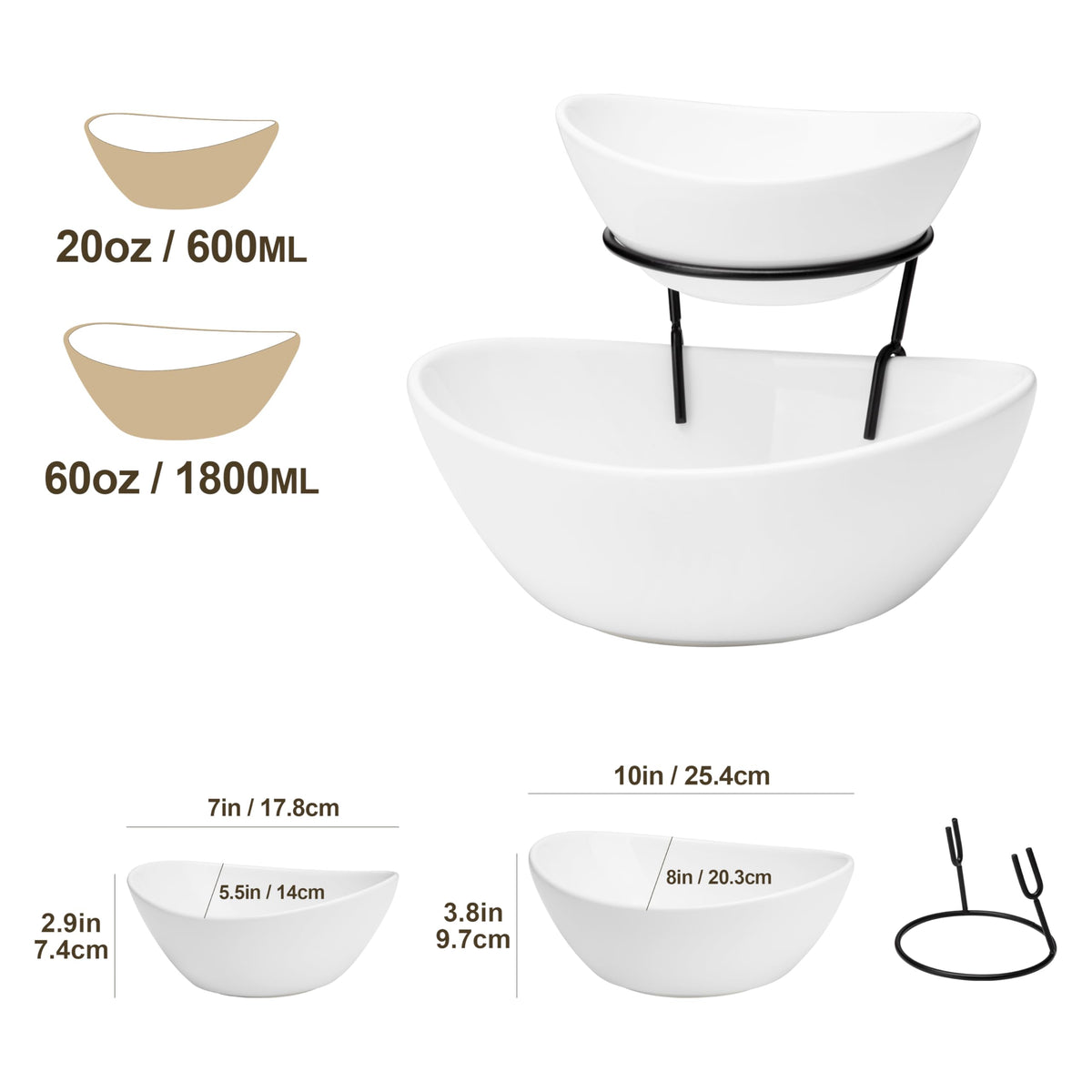 MALACASA 2 Tier Chip and Dip Serving Set with Metal Stand,Ceramic Appetizer Bowls for Party, Multi-Use Food Display for Fruits, Snacks,White Elegant Tiered Serving Dishes for Party