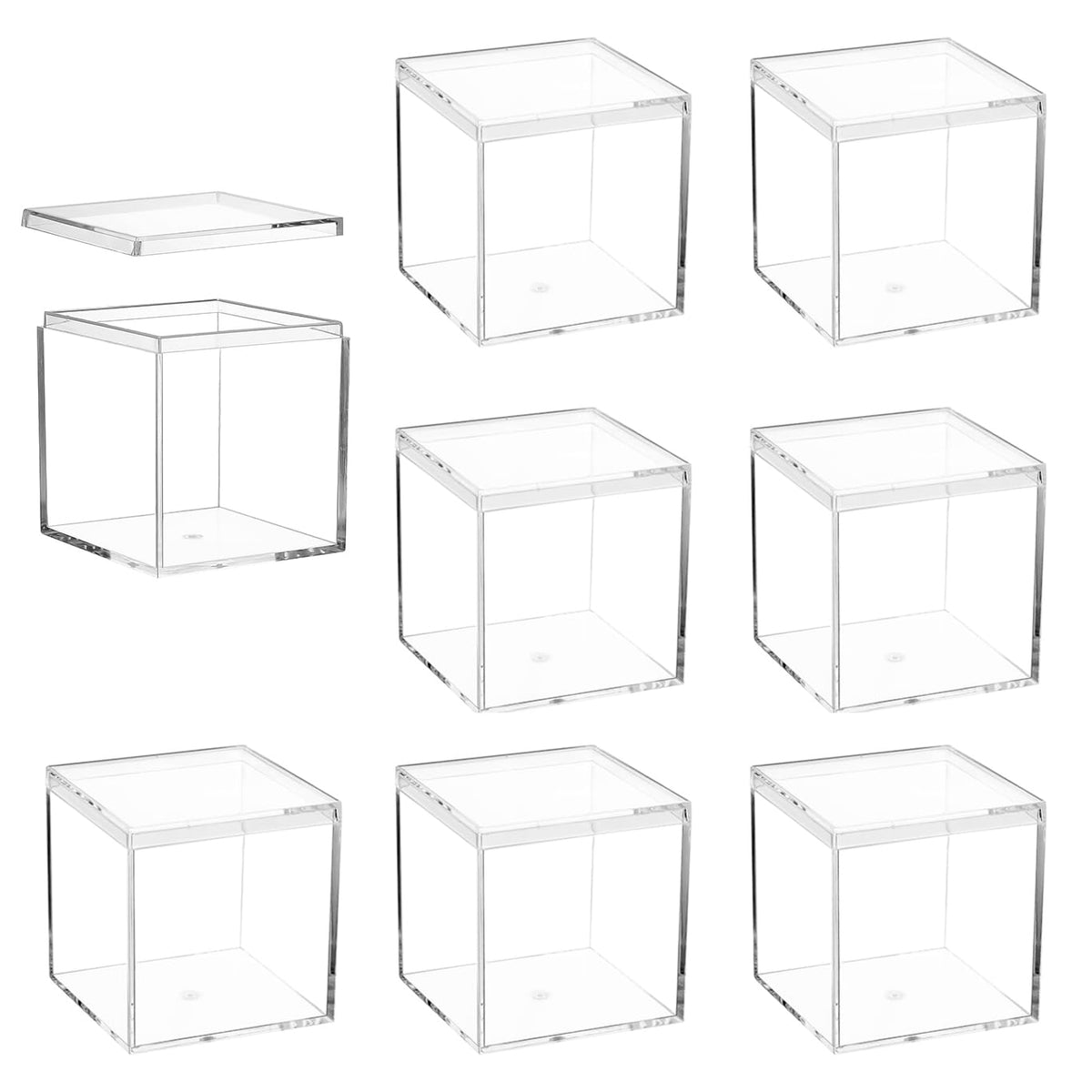 ADVcer 8 pcs Clear Acrylic Box with Lid, 2.56 inch Square Cube Small Acrylic Storage Boxes Display Case, Transparent Plastic Decorative Box Set for Jewelry Gift Toy Model Candy Mini Cake Containers