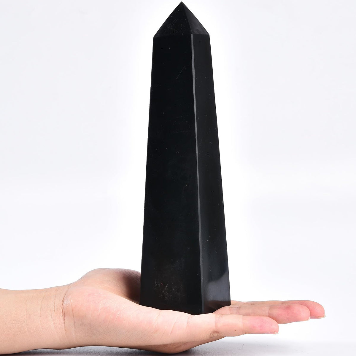 JIC Gem Black Obsidian Large Healing Crystals Wand 4 Faceted Crystal Point Obelisk Gemstone Natural Reiki Energy Stone for Meditation Crystal Grid Decoration 1.1-1.7 Lbs