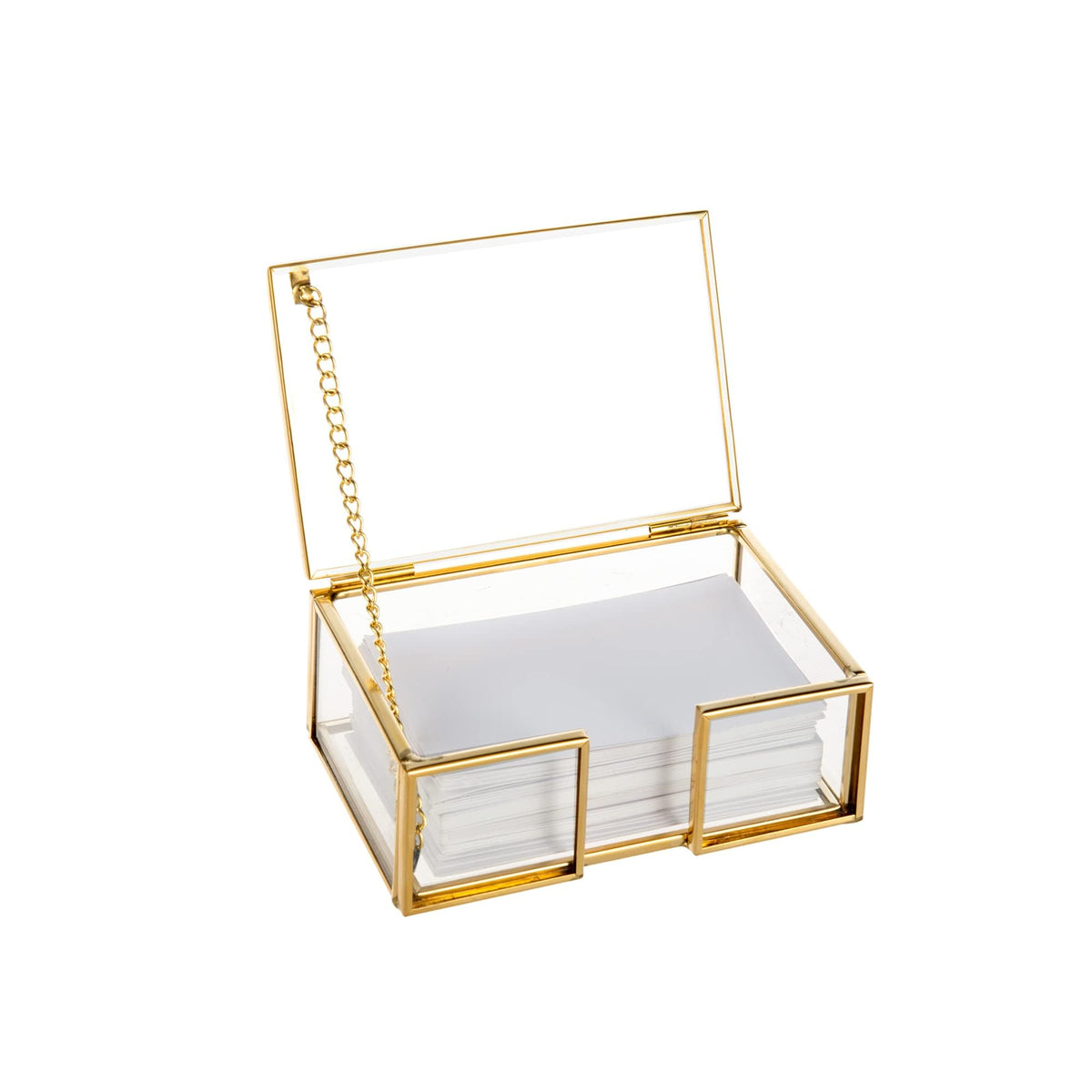 Feyarl Clear Gold Glass Business Card Box with Lid Name Card Display Organizer Container Collection Storage for Office Desktop CounterTop Meeting