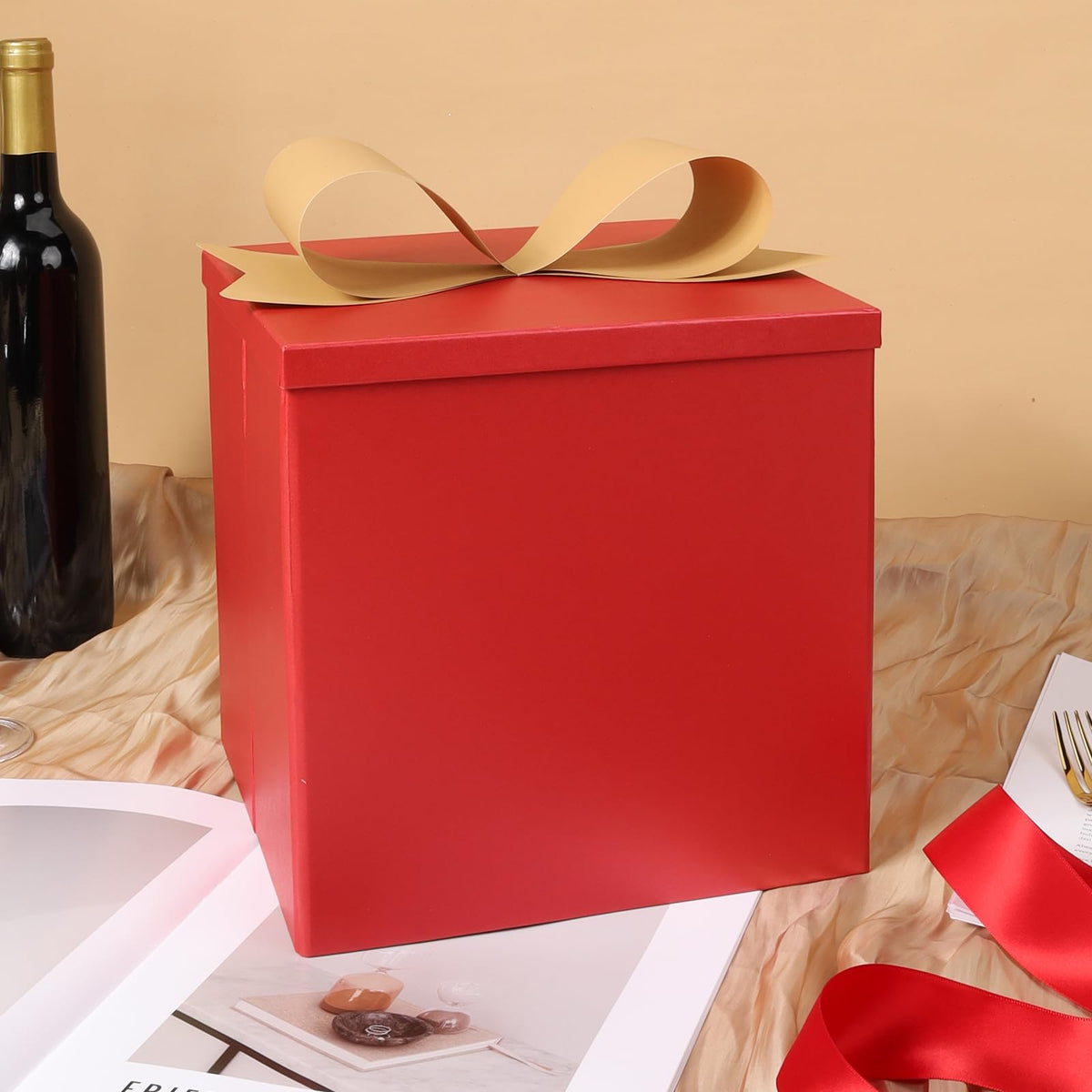 BIOBROWN Medium Gift Boxes with Lids for Presents, 9x9x9 Inches Red Collapsible Gift Box for Valentine's Day, Birthday, Wedding, Baby Shower, Party, Any Occasion