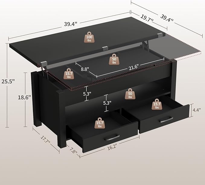 Garvee 40" Coffee Table Lift Top, Converts to Dining Table