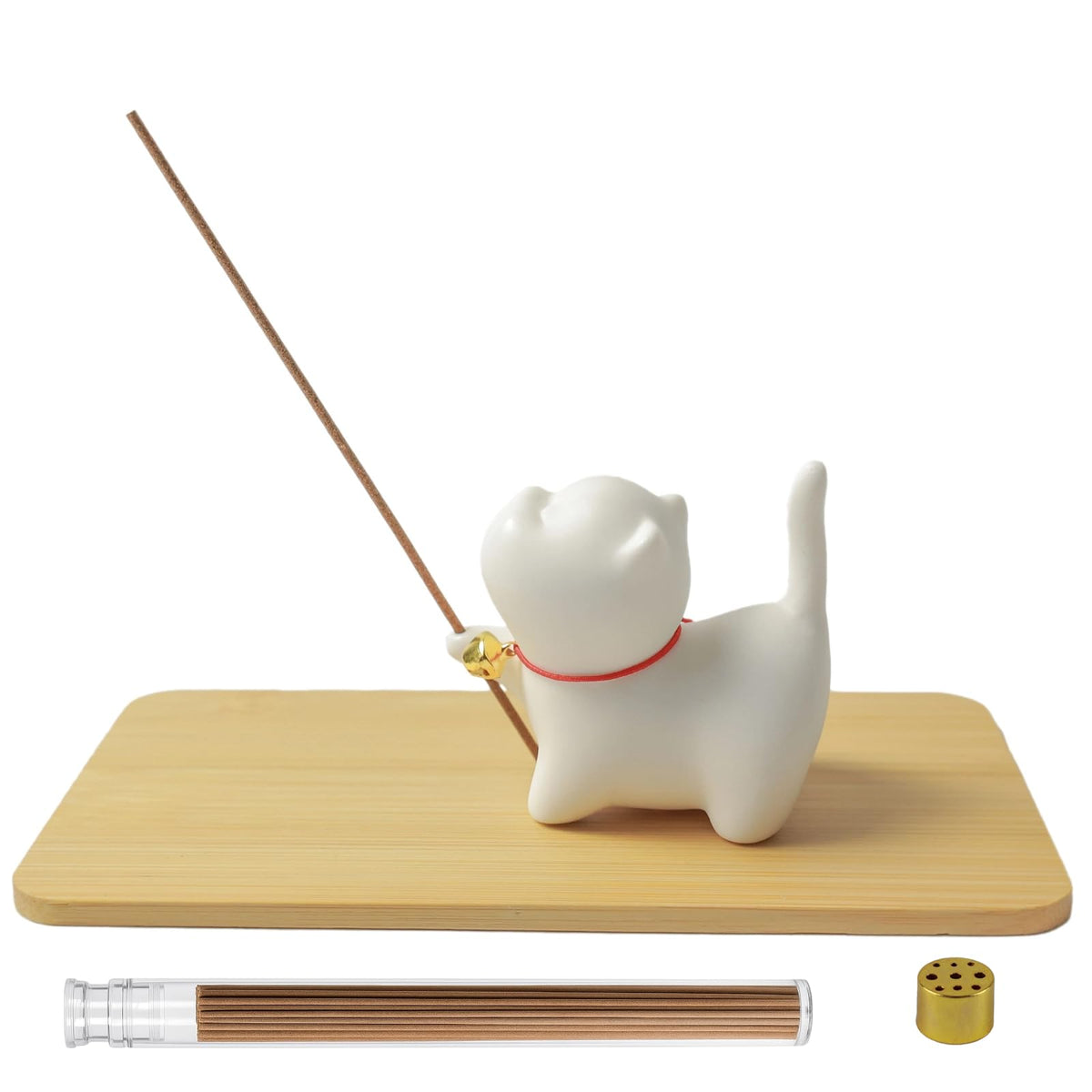 Upgraded Package Incense Holder Handmade Ceramic Cat, Incense-Stick Holder with Sticks, Bamboo Mat and Brass Incense Stand, Cute Cat Insence Burner Holder for Meditation Yoga Massage Home Decor Gift