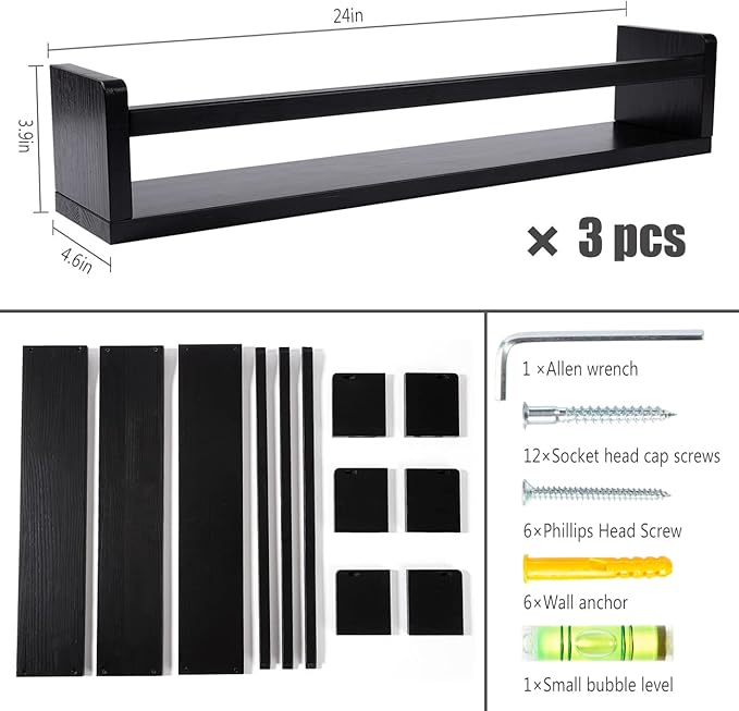 AZSKY Classic Nursery Book Shelves Black Wooden Floating Shelves Wall Bookshelf