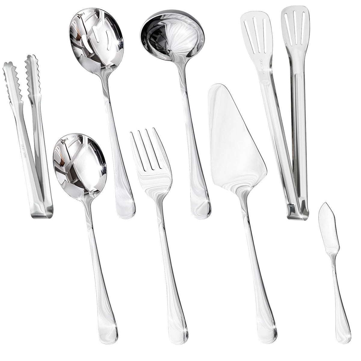 HIKAA 8PCS Serving Utensils Set, 18/10 Modern Serving Utensils Set for Kitchen, Stainless Steel Serving Utensils, Slotted Spoons, Forks, Tongs, Cake Server, Butter Knife for Buffet, Catering, Wedding