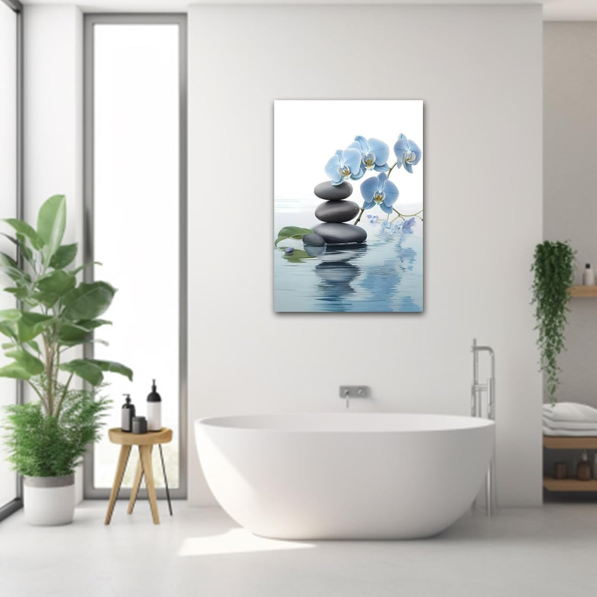 CXHOSTENT Spa Bathroom Wall Art Blue Orchid Flowers and Zen Stones on Water Pictures Print on Canvas Framed Artwork for Yoga Zen Room Decor (Zen-3, 16.00"x24.00")
