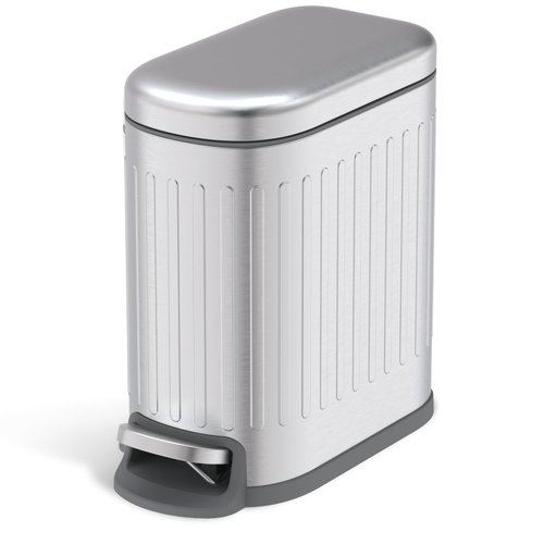 Home Zone Living 1.3 Gallon Small Trash Can with a Lid and Step Pedal, Stainless Steel with Slim Ribbed Design for Home and Office, Silver, 5 Liters