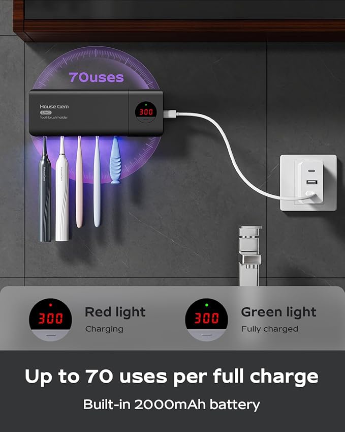 HouseGem Toothbrush Holder, Timer Function, 2000mAh Rechargeable Cordless