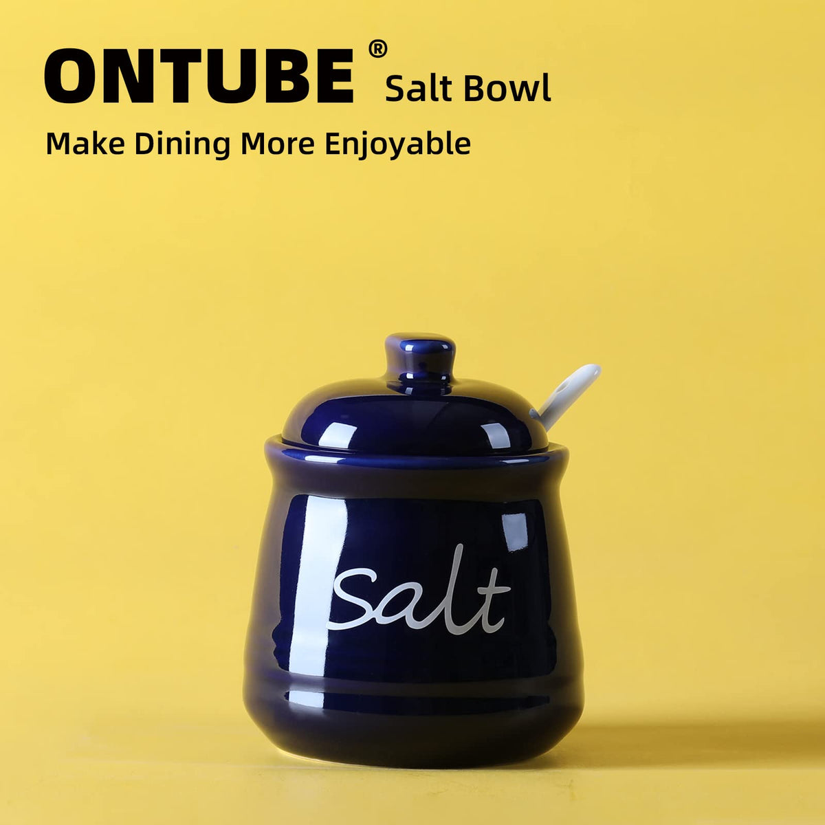 ONTUBE Ceramic Salt Bowl with Lid and Spoon 12oz White (Navy)