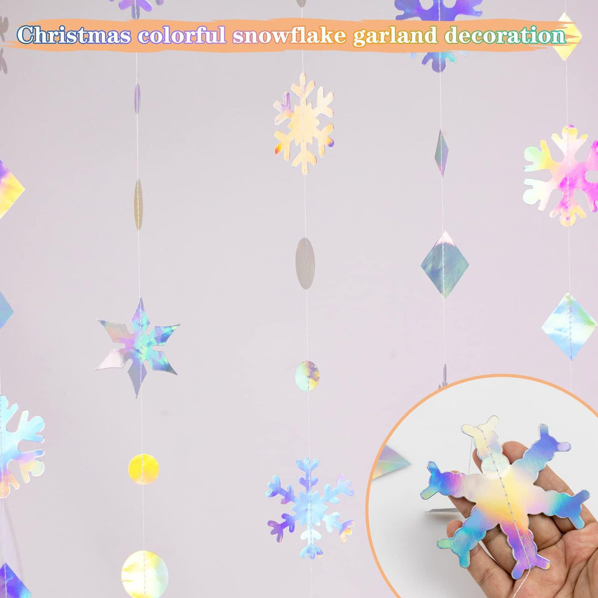 65Ft Winter Wonderland Snowflakes Decorations Iridescent Snowflake Garland- Shimmer Holographic Paper Snowflakes Streamers for Iridescent Party Decor Christmas Frozen Themed Birthday Baby Shower Decor