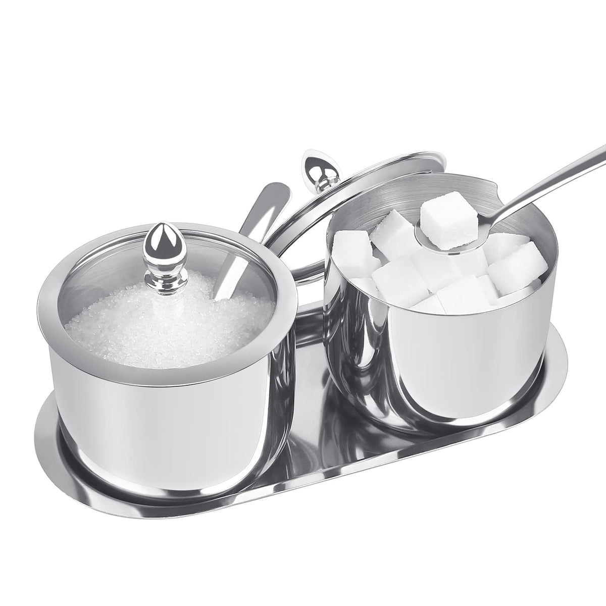 KEMIYIXIAN 2 Stainless Steel Sugar Bowl with Lid Spoon and Tray, Polished Shiny Sugar Bowl，for serving sugar Suitable for home and kitchen- 12 Oz/ 360m