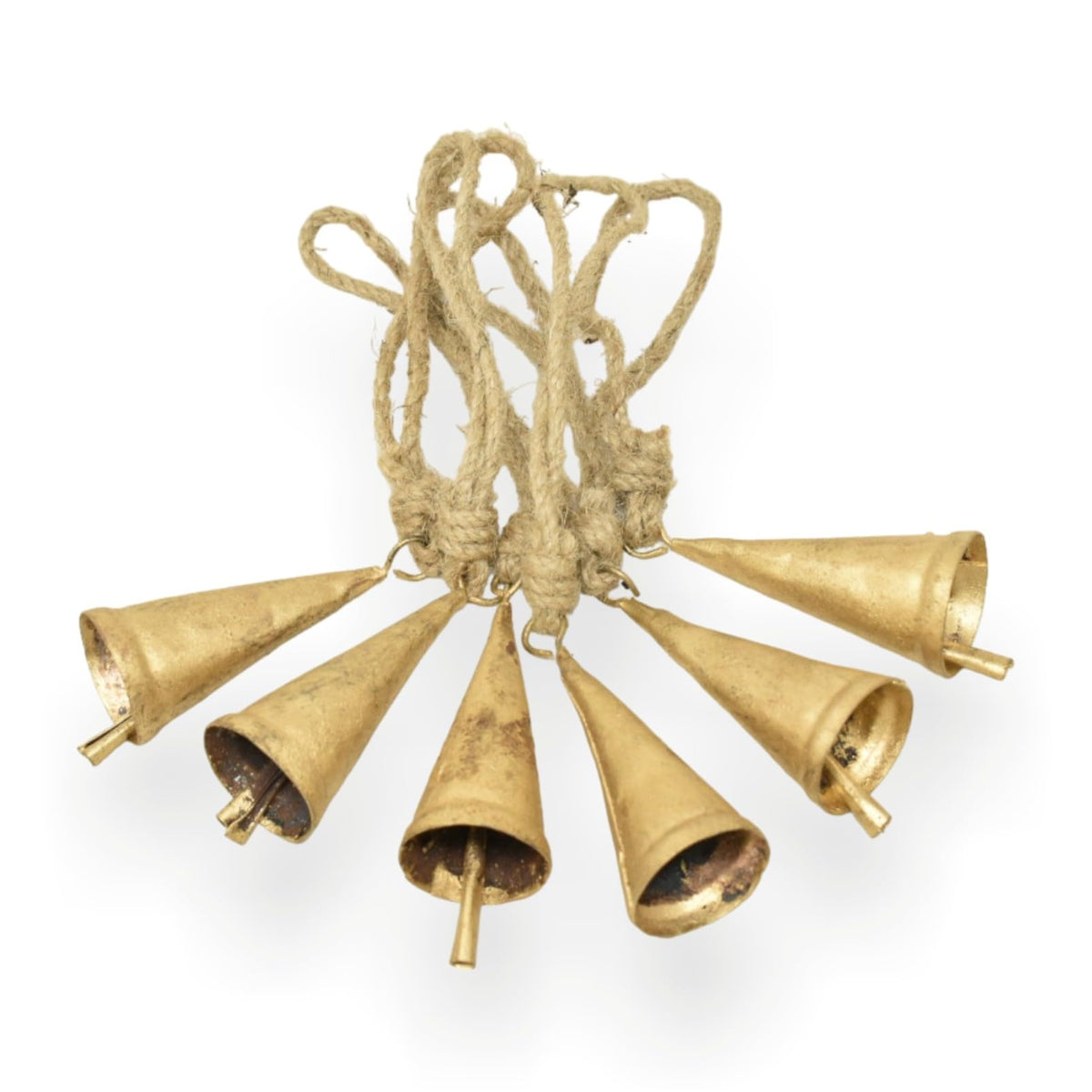 Christmas Bells for Decoration –Set of 6 Rustic Cow Bells for Hanging with Jute Rope – Gold Bells for Crafts - Tree Decoration Ornaments
