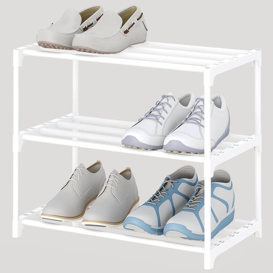 SOKOSEN 3-Tier Small Shoe Rack, Metal Stackable Kids Shoe Shelf Storage Zapateras Organizer,Narrow Shoe Rack Sturdy for Closet Hallway Entryway Living Room Bedroom (White)