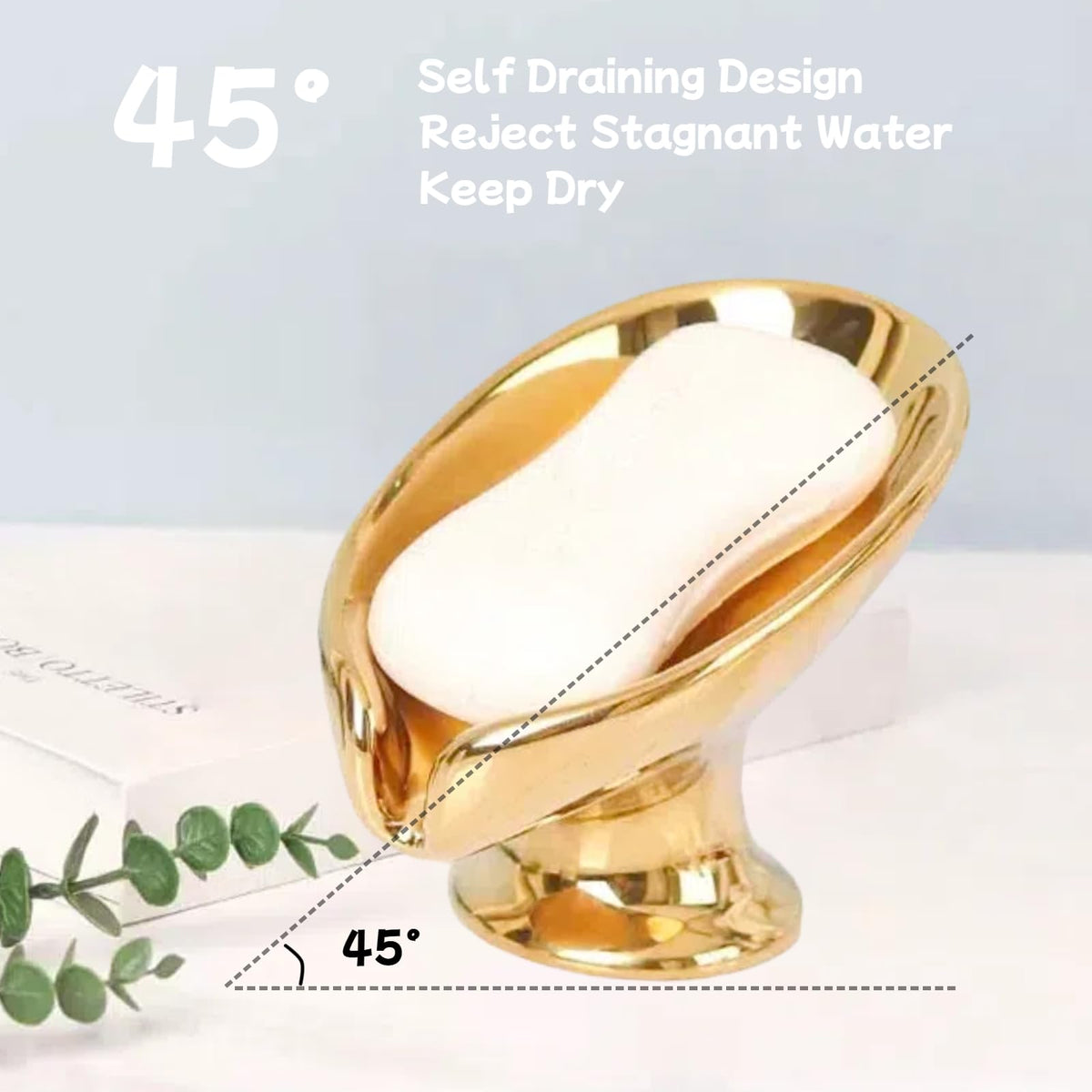 Bar Soap Holder, Soap Dish for Shower, Self Draining Soap Dish, Metallic Glossy Ceramic Soap Holder, Used for Sinks, Bathrooms, Showers,Kitchens (Golden)