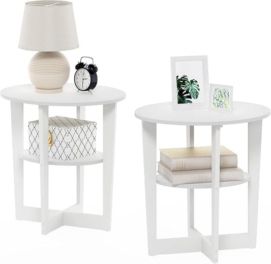 Furinno JAYA Side Table Set of 2, 2-Tier Round Modern End Table