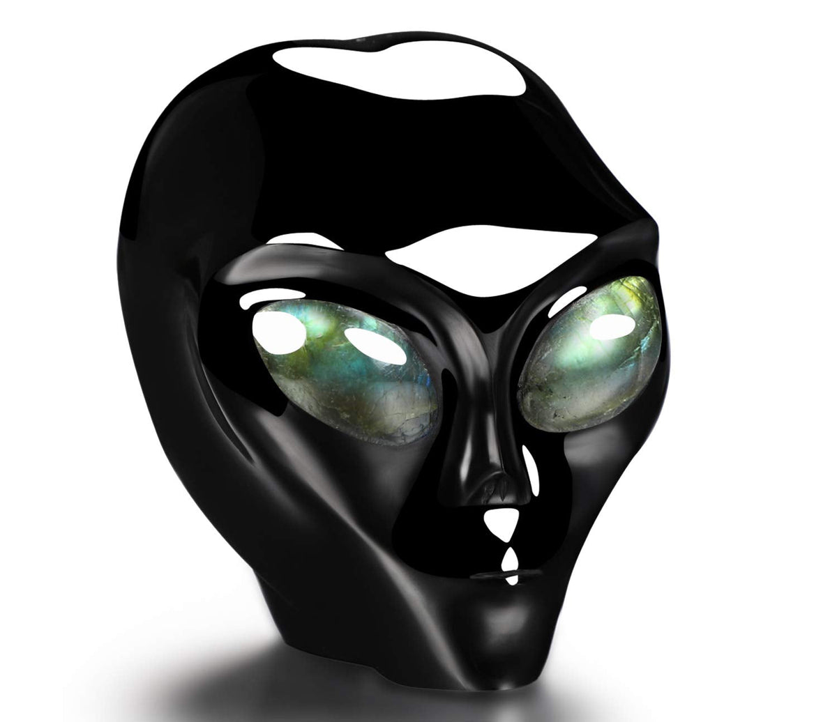 Skullis 3.0" Black Obsidian Star Being Female Alien Crystal Skull Companion with Labradorite Eyes, Hand Carved Gemstone Fine Art Sculpture, Reiki Healing Stone Statue