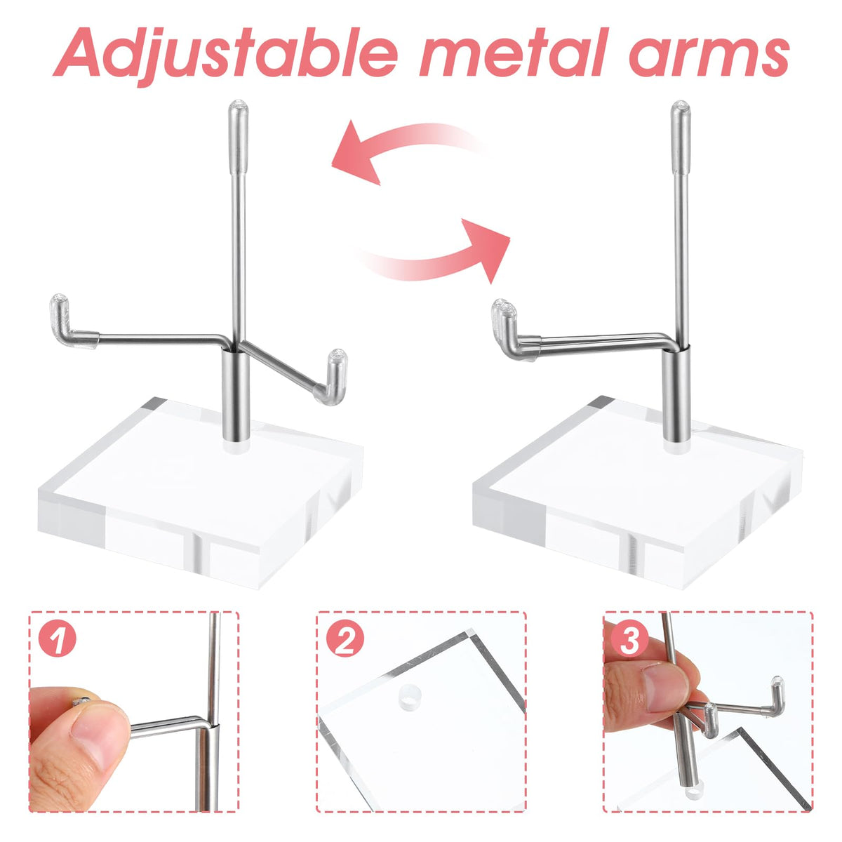 MBAIYO 16Pcs Adjustable Metal Arm Display Stand with Acrylic Base Display,Easel Holder for Rock Mineral Agate Fossil Coral Crystal Geodes Picture Decorative(Silver,1.96x1.96x3.22In)