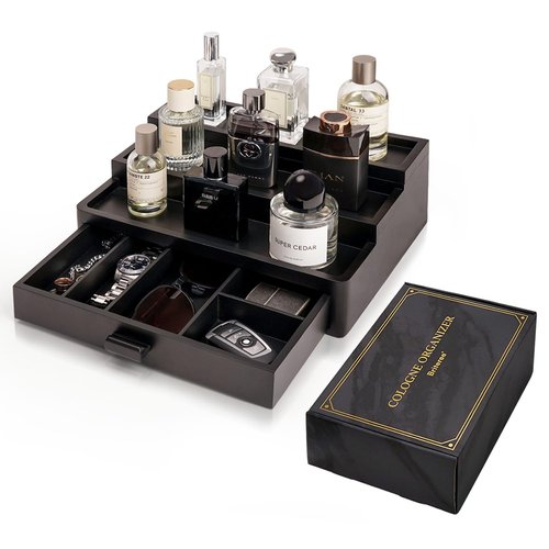 BRITEREE Cologne Organizer for Men, 3 Tier Wooden Cologne Stand with Drawer Storage and Hidden Compartment, Perfume Display Holder for Dresser, Great Gifts for Men and Women Valentine, Black