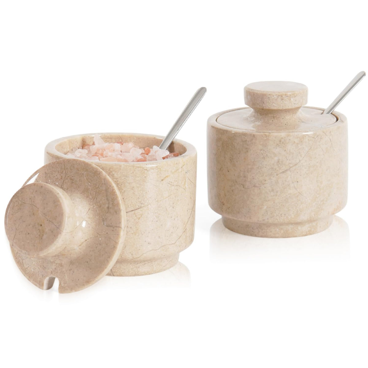 MARBLOUS KRAFTS Marble Salt Cellar 3" Inch Verona Stone Salt Container, Ideal Set of 2 Coffee Storage Container Kitchen Countertop, Candy Jars with Lids and Spoons, Spice Storage