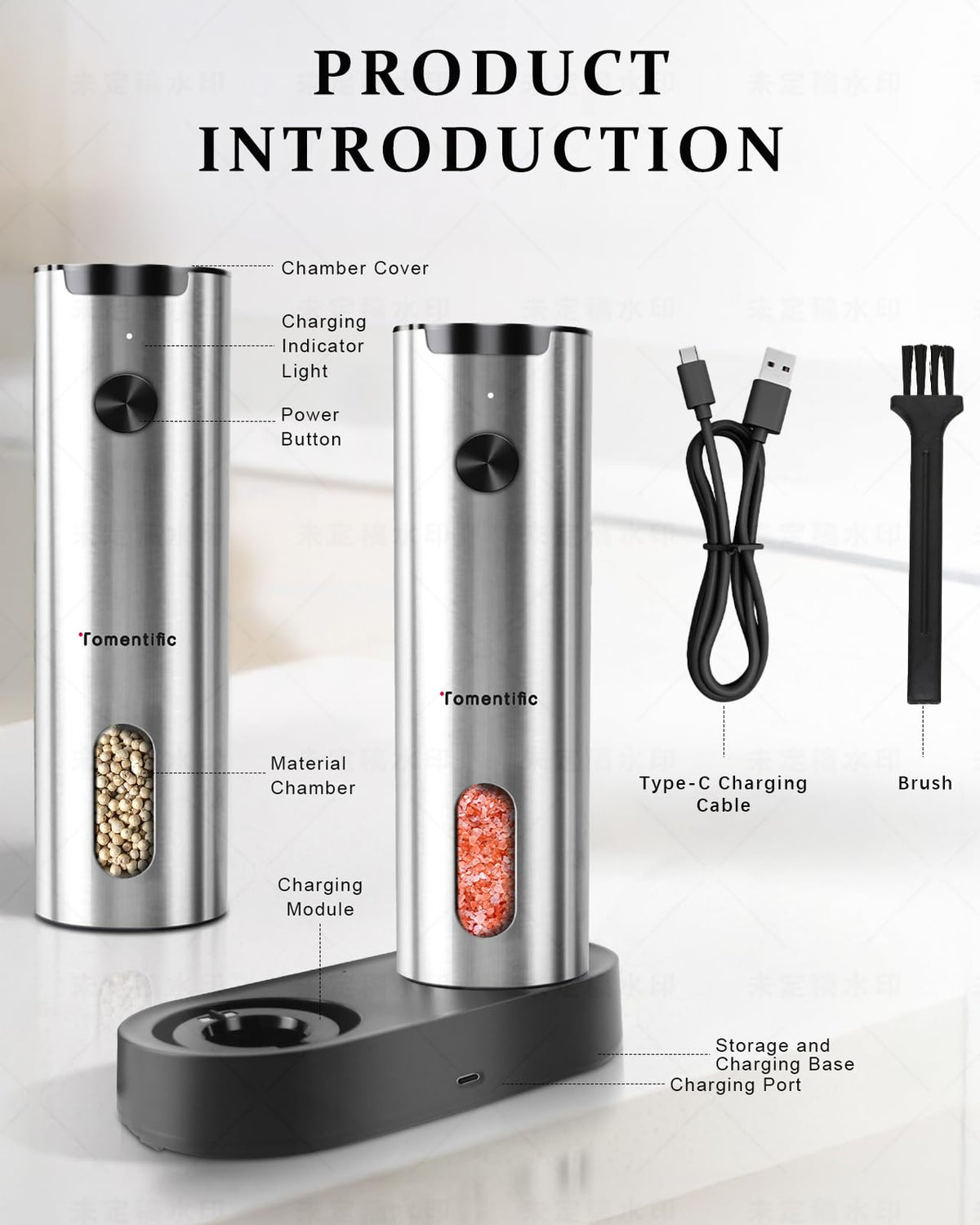 Electric Salt and Pepper Grinder Set with Rechargeable Base - Upgraded Large Capacity, Refillable Pepper Mill Set with LED Light & Adjustable Coarseness, Ideal for Kitchen, Outdoor (Polished Silver)
