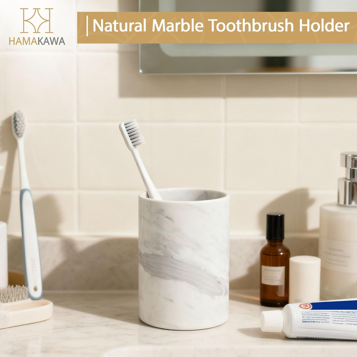 HAMAKAWA Natural Marble Toothbrush Holder, Volakas White Toothbrush Tube for Bathroom, Makeup Shelf, Counter, Bedroom and Dresser