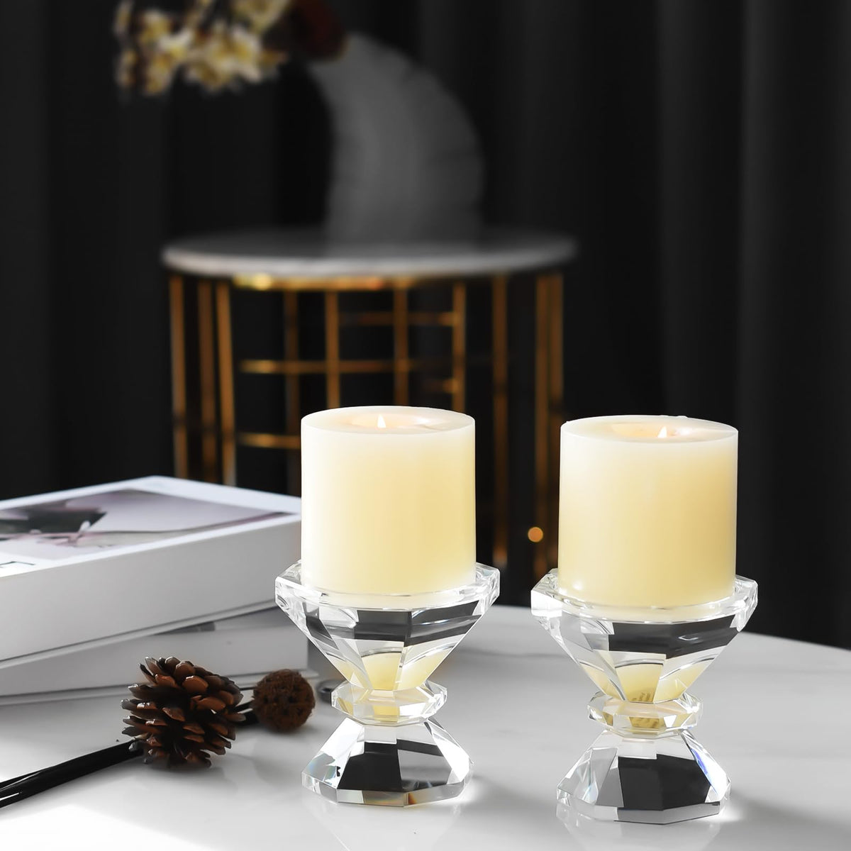 Marvala Crystal Candle Holders, Pillar Candlestick Set of 2, Modern Elegant Tall Crystal Candlesticks for Wedding Centerpieces, Christmas, Dining Table, Home, Party Decor