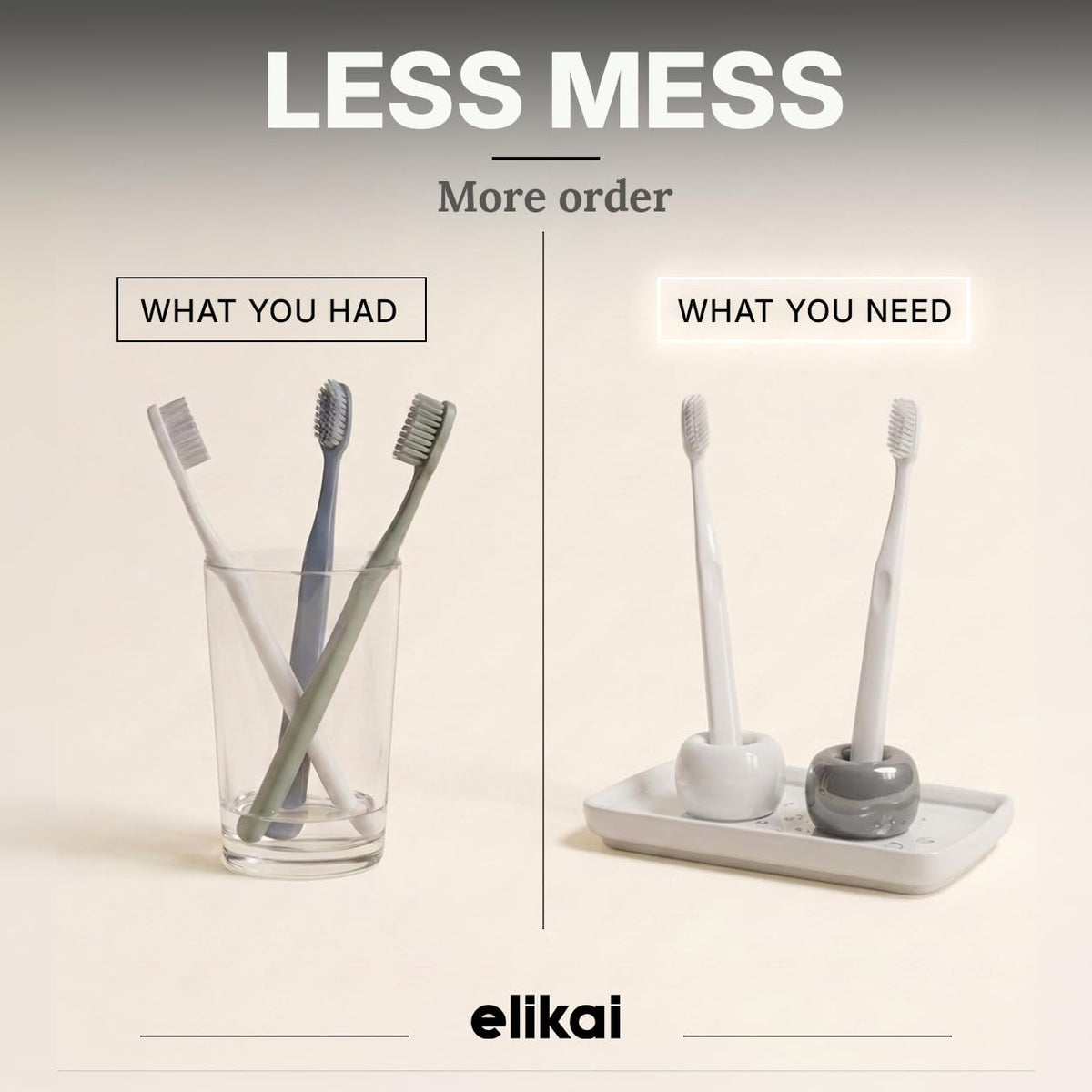 ELIKAI Ceramic Toothbrush Holders with Bathroom Tray, Countertop Organizer for Toothbrushes and Accessories, Hygienic Individual Holder Set (Grey & White, 2 Holders)