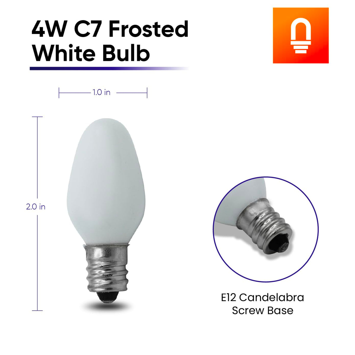 lumenivo 4W Replacement C7 Frosted White Bulb 120V Incandescent Light Bulb for Holiday Decor, Small Night Light, Baby Showers, Christmas Bulbs - E12 Candelabra Base - 2 Pack