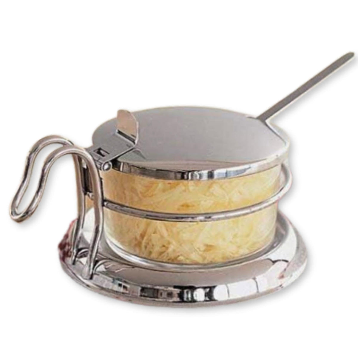 TableCraft 357 Condiment Jar Set with Spoon, 6 oz Clear Glass Jar with 18-8 Stainless Steel Lid, Spoon and Holder, Polished Tabletop Dispenser for Home or Restaurant Use