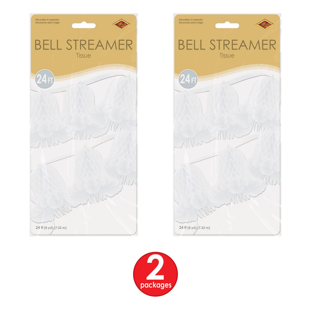 Beistle White Tissue Bell Streamers – 2 Hanging Bell Garland Decorations with Honeycomb Bells and Ribbon for Weddings, Bridal Showers, Engagement Celebrations and Bachelorette Party Decor, 24' Each