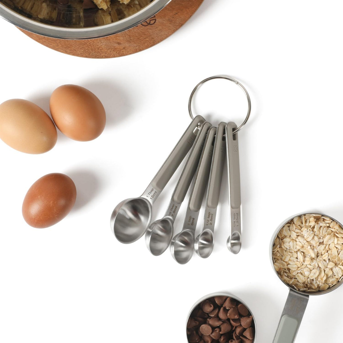 Calphalon Prime Measuring Spoons, 5-Piece Stainless Steel Measuring Spoon Set with Taupe Silicone Handles, Accurate Kitchen Measuring Tools for Spices, Baking & Small Portions