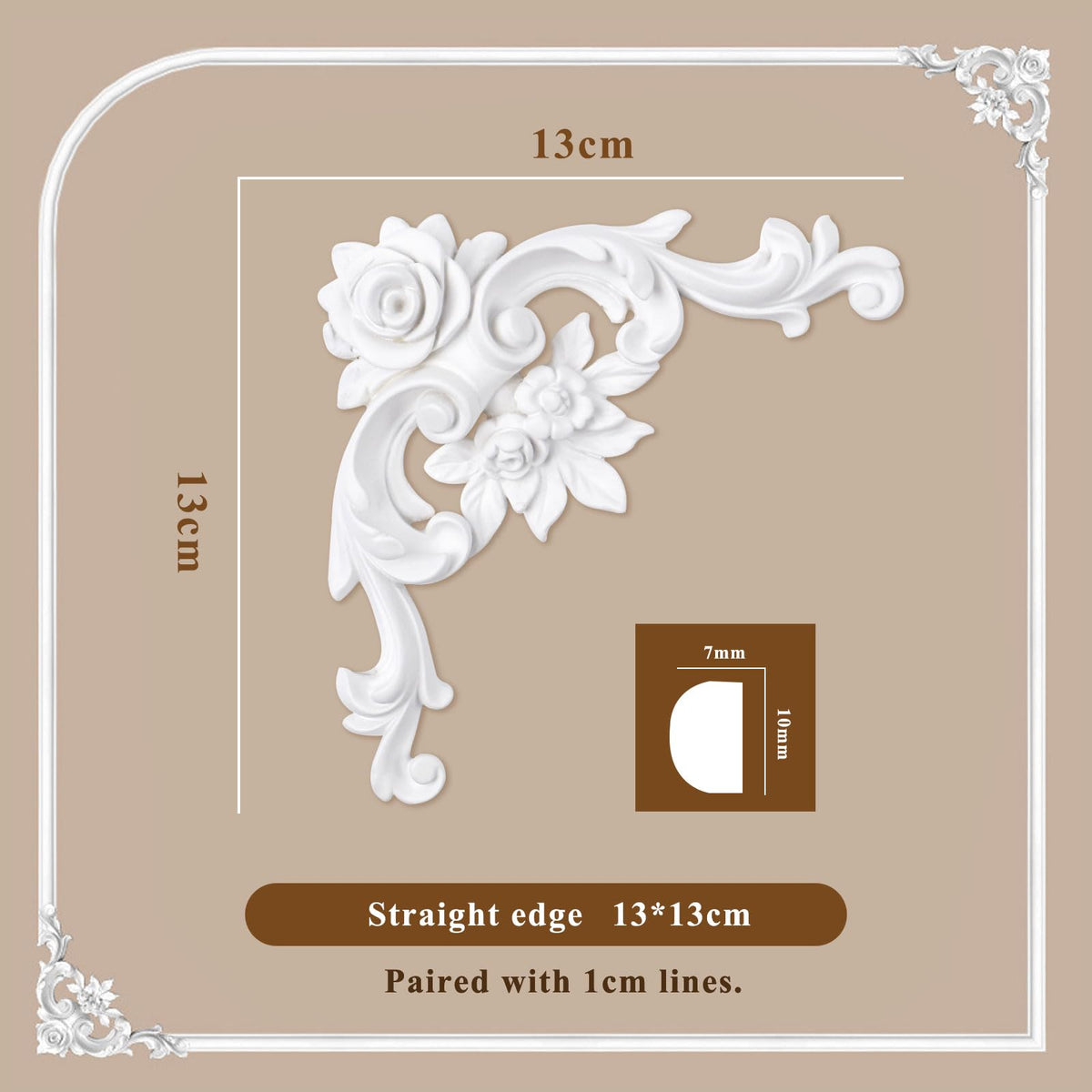 Corner Molding Ornament for Walls, French Style Decorative Accent with Floral Pattern, Rose Style Small, 4 Pieces
