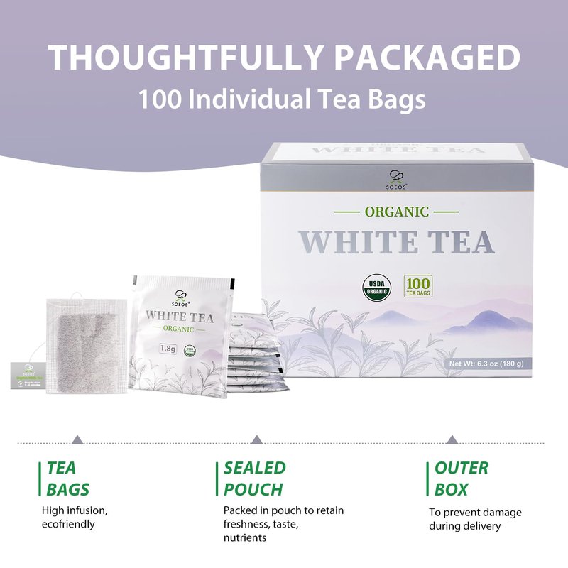 Soeos Organic White Tea, 100 Tea Bags, Individually Wrapped Teabags, Low Caffeine, Subtle Floral Aroma & Smooth Taste, Quality Tea for Everyday Brewing, Perfect for Hot or Iced Tea Lovers, 6.3oz (180g)