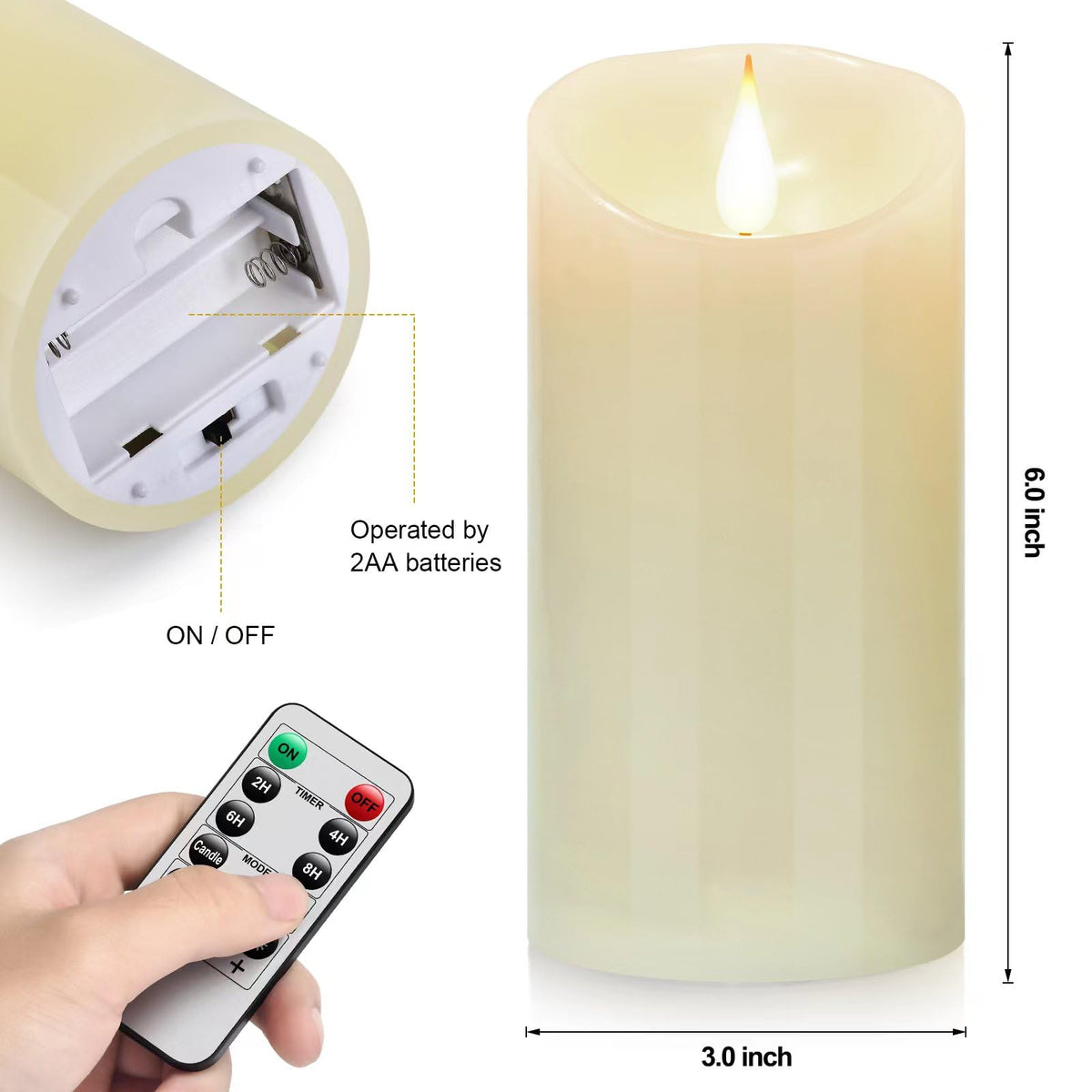 Nancia Flameless Battery Operated Flicking Candles:Remote Control Realistic Wax Pillar LED Candle with 10-Key Cycling 24 Hours Timer 2PACK(D3*H6'') for Home Decoration Wedding Birthday Party Ivory