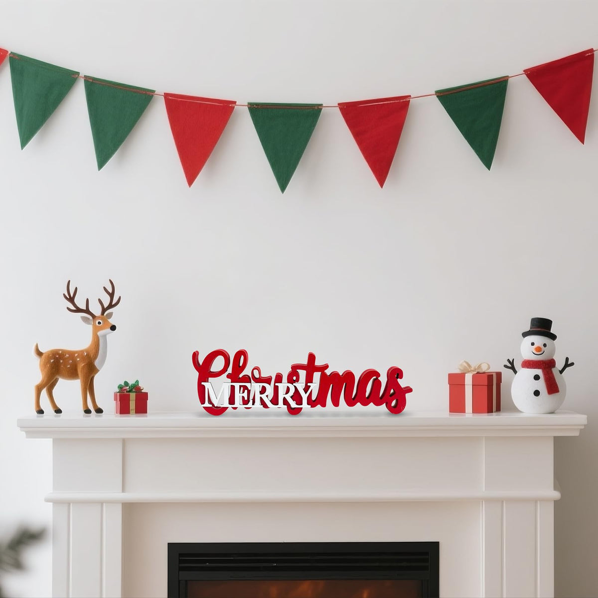 Christmas Centerpieces for Table - Wooden Merry Christmas Sign with Red & White Accents, Festive Tabletop and Mantel Decor for Dining Room, Shelf, Tray, Dinner Party Centerpiece