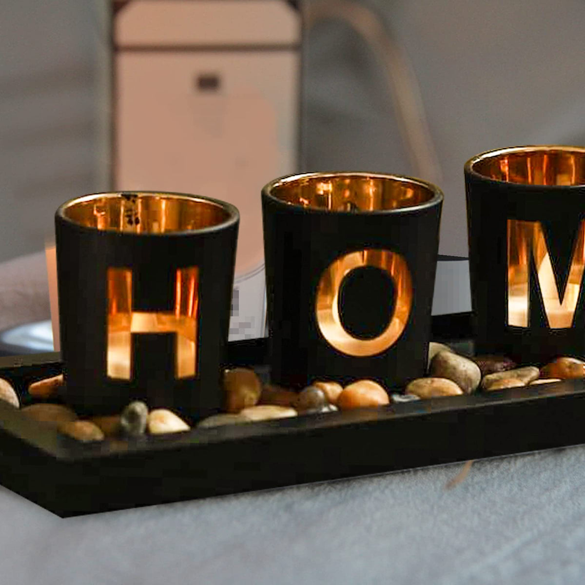 MrMrKura Home Decorative Candle Holder Set, 4 Glass Tea Light Candleholders with Wooden Candle Holders Tray, Natural Pebbles for Home Decor Table Decorations Centerpiece