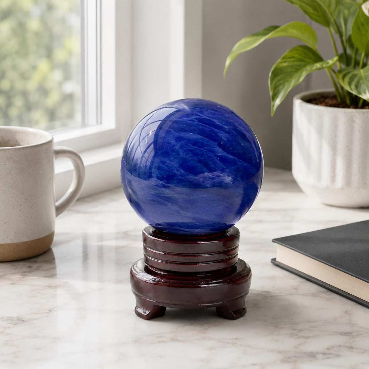 Lodkksg Blue Crystal Ball(100mm-3.93 inches) with Display Stand—Natural Sapphire Sphere for Decoration and Divination