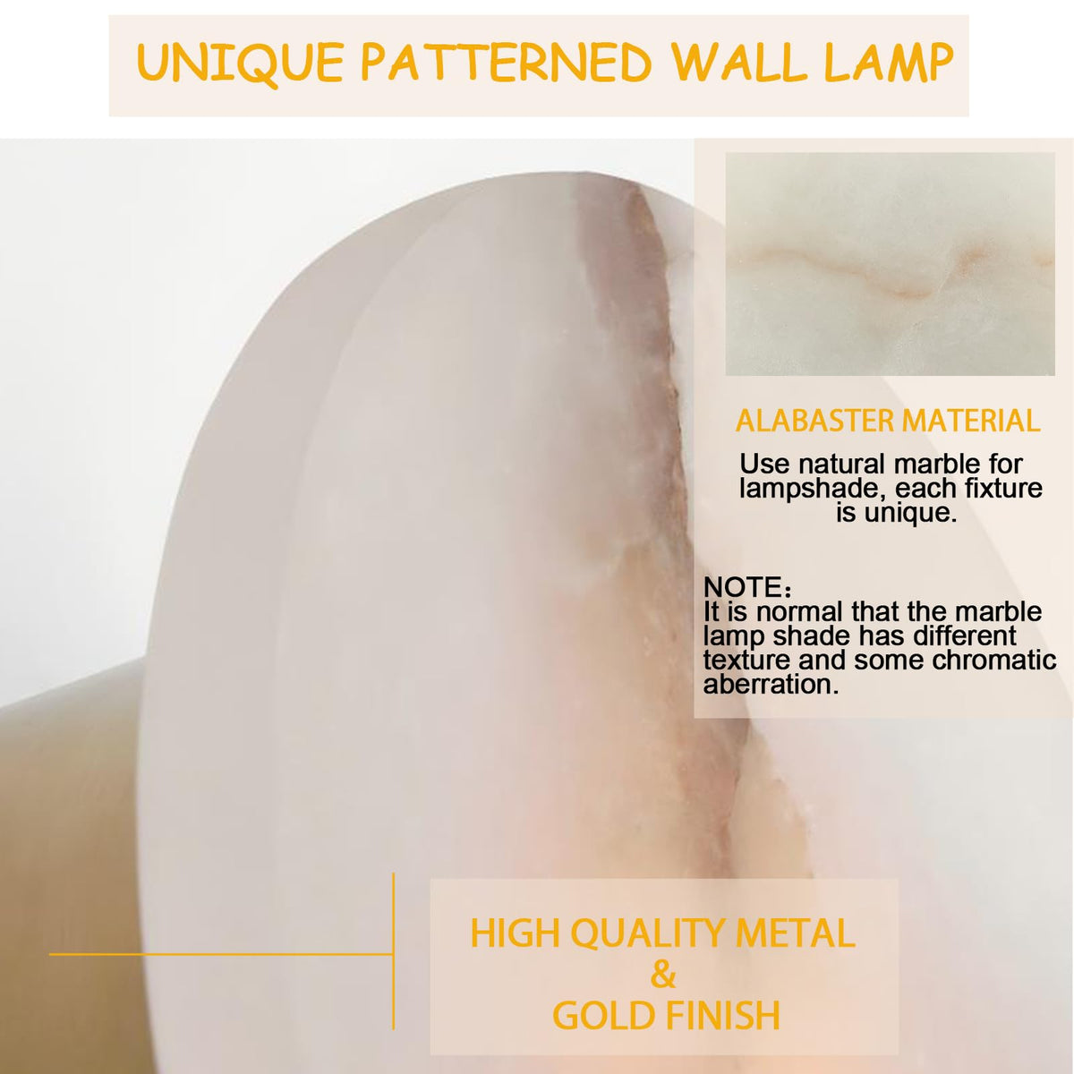VANZARLA Gold Modern Wall Sconces for Bathroom, 1-Light Alabaster Sconce Wall Light Fixture for Bedroom, Unique Sconce Lighting for Living Room, 1 Pack