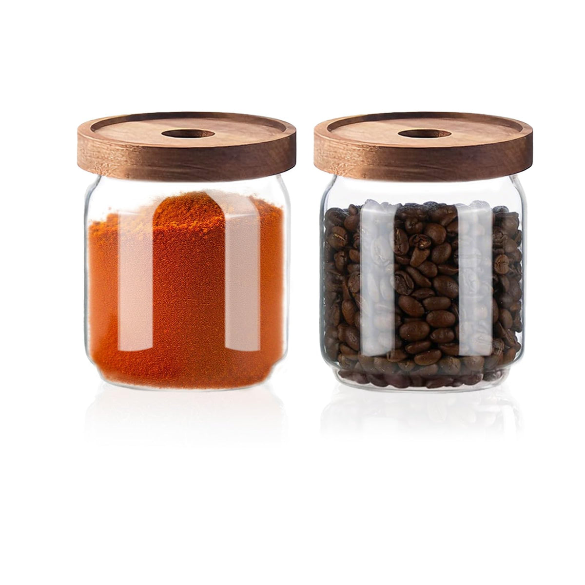 Glass Jars with Airtight Wood Lids - 17 oz Small Kitchen Pantry Storage Containers, Stackable Decorative Canisters for Chia Seed, Tea, Ground Coffee, Sugar, Spice, Salt, Matcha, Nuts, Q-Tip, Set of 2