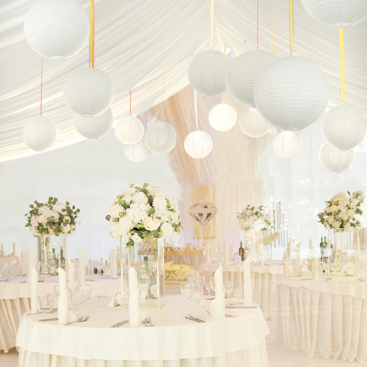 White Hanging Paper Lanterns, Round Chinese Paper Lanterns, Party Wedding Anniversary Decorations, 4 Size - 10 Pieces