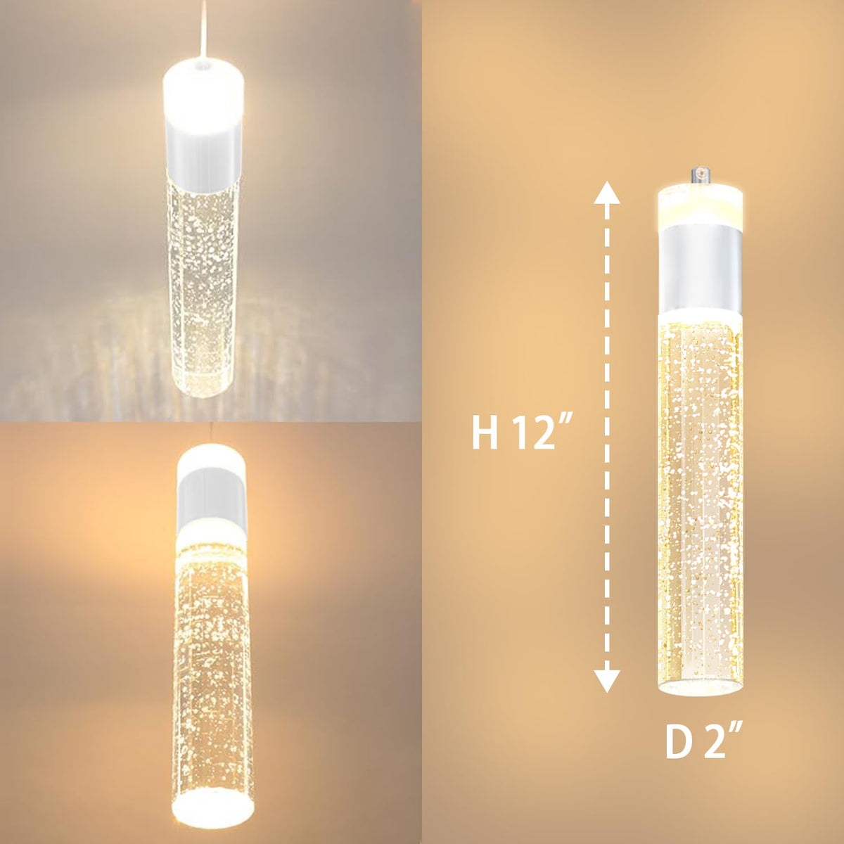 IDEQUY Modern LED Chrome Crystal Pendant Light Kitchen Island, Bedroom Bedside Hanging Ceiling Lamp with Crystal Bubble Column, Dimmable 3000k-6000k 1-Light Independent