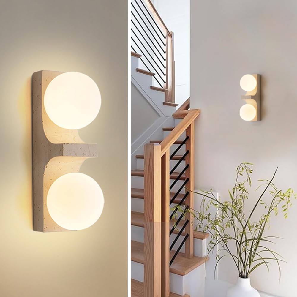 OROILUPU Yellow Travertine Wall Sconce, 9.1" Wabi Sabi Wall Sconces with Double White Spherical Lampshade and Travertine Stone Base, Modern Natural Stone Wall Light for Bedroom Living Room Kitchen