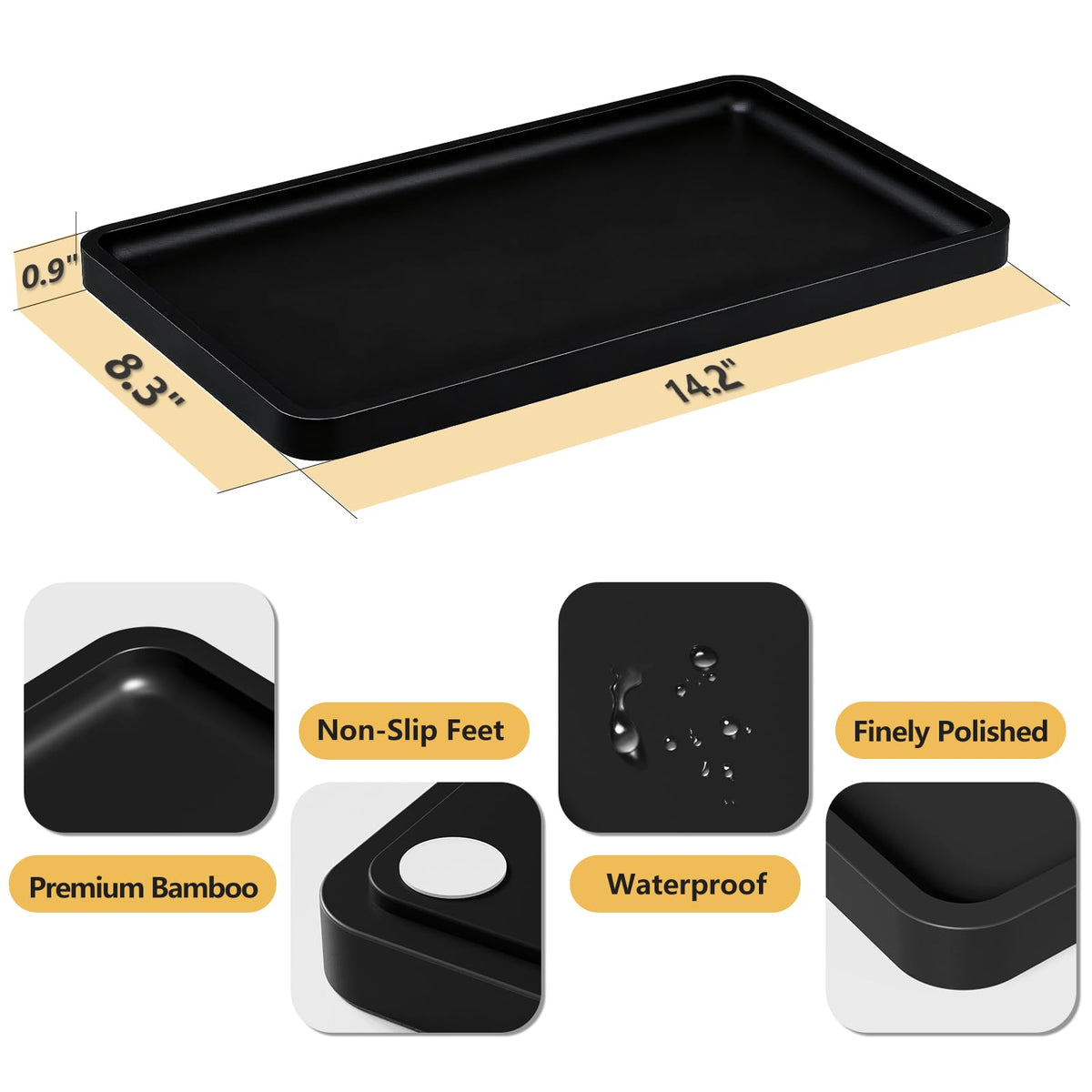Weenson Black Bathroom Vanity Tray for Countertop Decor Perfume Makeup Toiletries Toilet Tank, Large Bamboo Kitchen Tray for Spice Salt, Serving Tray for Food Coffee, Nightstand Candle 14.2”x8.3”