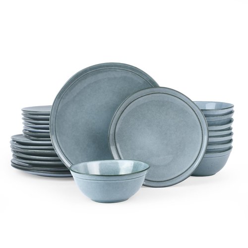 Famiware Aegean Stoneware Dinnerware Set for 8, Plates and Bowls Sets, 24 Pieces Scratch Resistant Dinner Set, Handmade Irregular Round Dishes - Microwave and Dishwasher Safe, Blue Grey