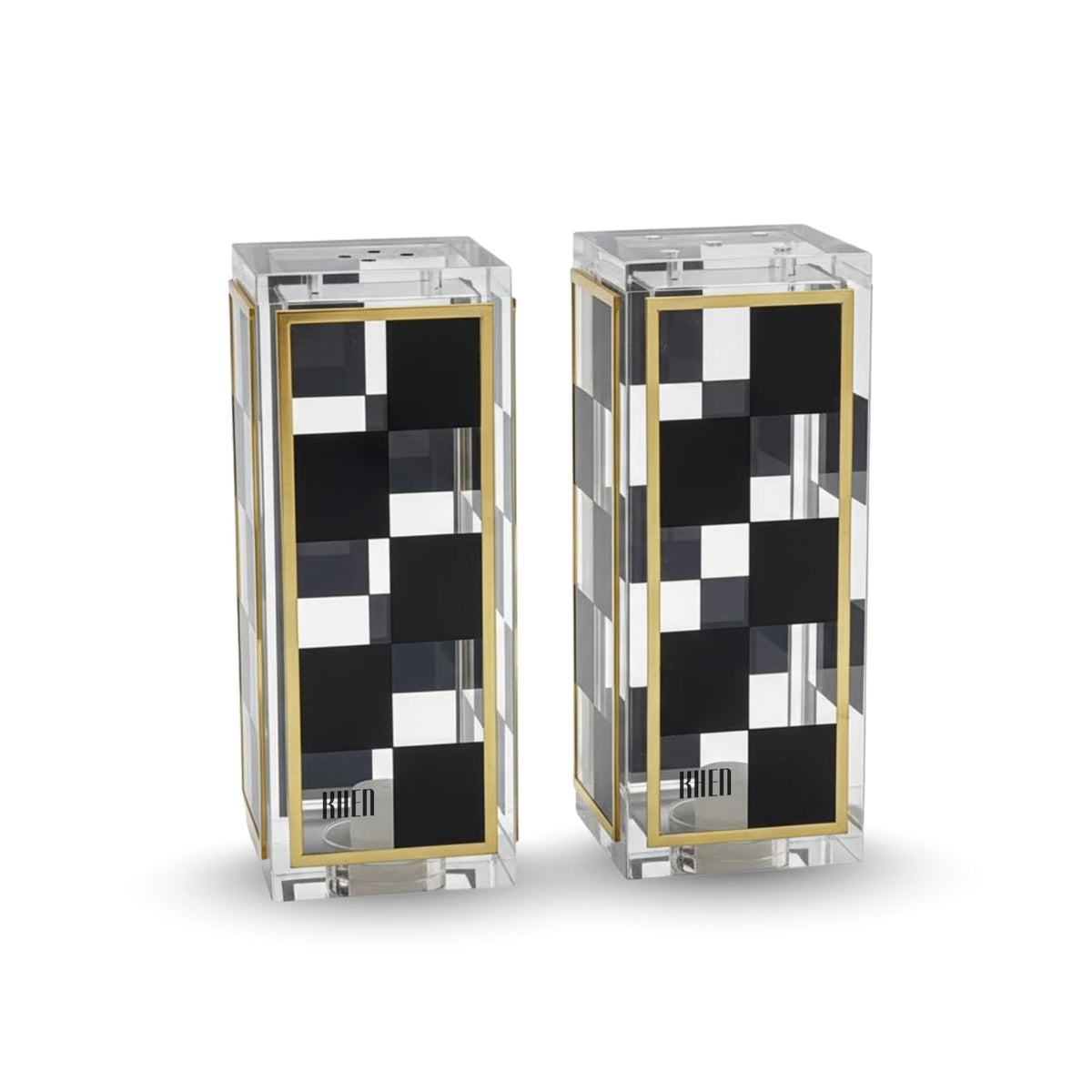 Black and White Checkered Salt and Pepper Shakers Set - Luxurious Lucite Acrylic Square Design - Modern 2.4" x 3.5" Refillable Dispensers - Elegant Kitchen Decor, Dining Table Unique Housewarming Gift