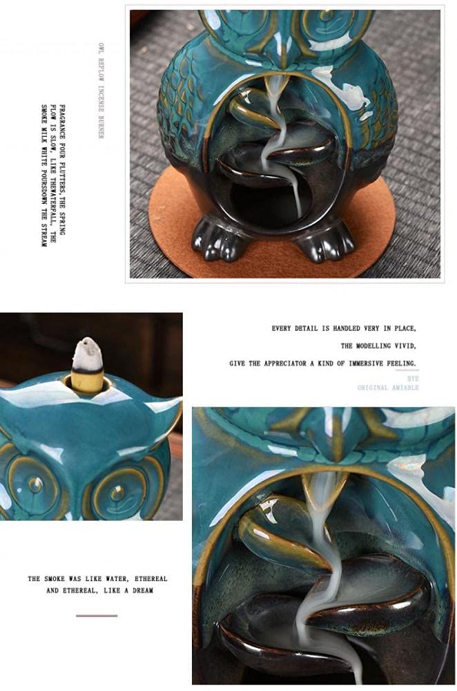 Backflow Incense Burner Holder Owl Shape Waterfall Porcelain Incense Holder Home Decor with Incense Cone Sticks Holder Incense Sticks Backflow Incense Cones Mat Tweezer Gift Set